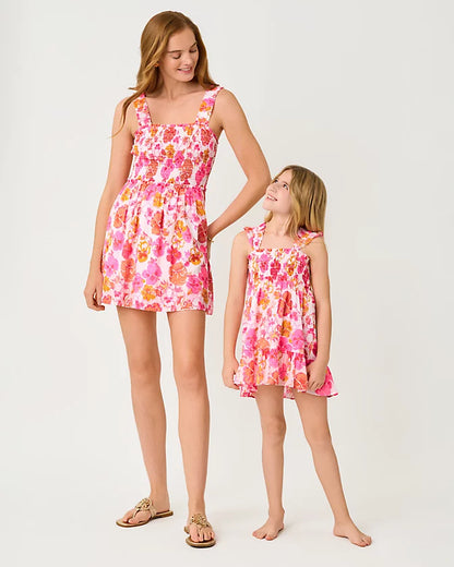 Lilly Pulitzer Girls Mini Hadly Dress in the color Resort White Pansy Fansy