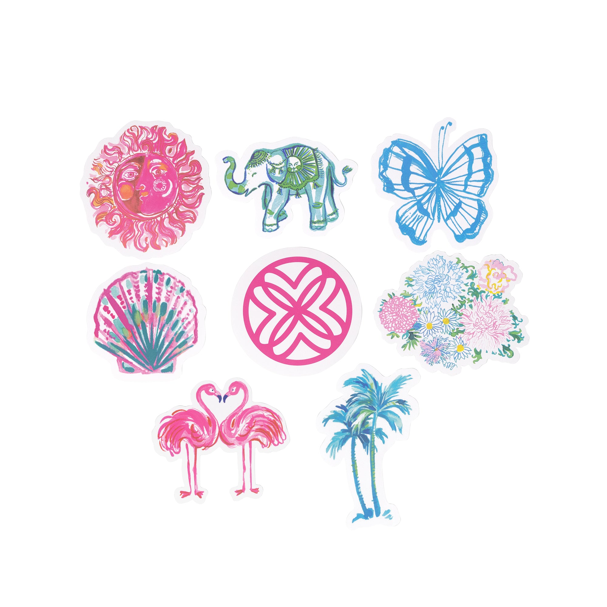  Lilly Pulitzer Jumbo Sticker Set of colorful stickers including a sun, elephant, butterfly, shell, cross, flowers, and palm trees