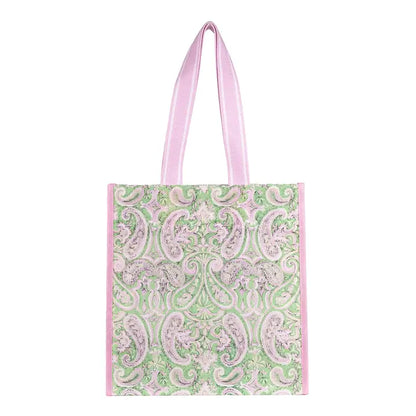 Lilly Pulitzer Mesh Market Bag, Estoril a rectangular tote bag with a light green and pink paisley pattern, featuring light pink handles and pink side trim
