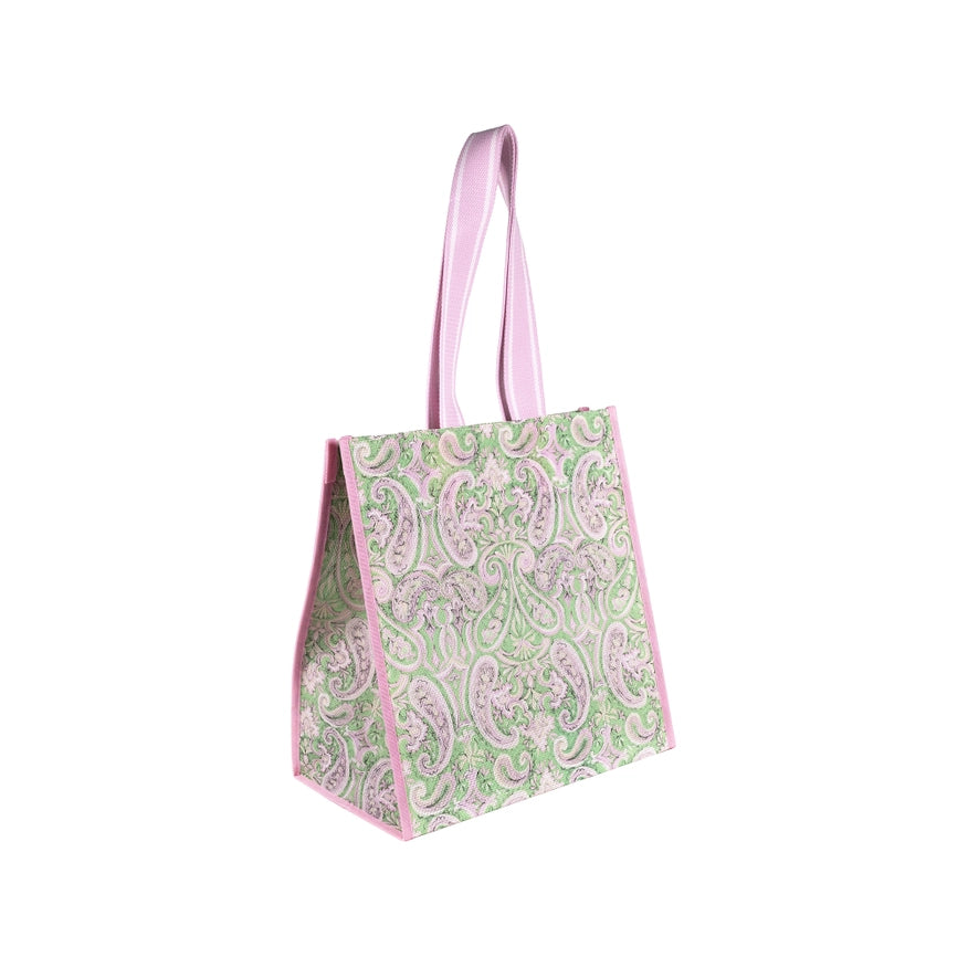 Lilly Pulitzer Mesh Market Bag, Estoril a rectangular tote bag with a light green and pink paisley pattern, featuring light pink handles and pink side trim