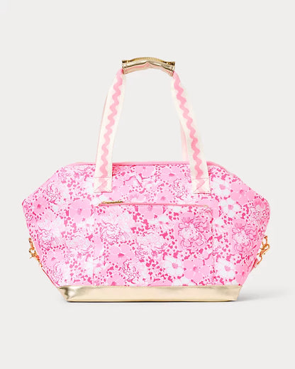 Lilly Pulitzer Neoprene Cooler Color: Conch Shell Pink Burst Of Joy Pink floral patterned handbag with gold accents