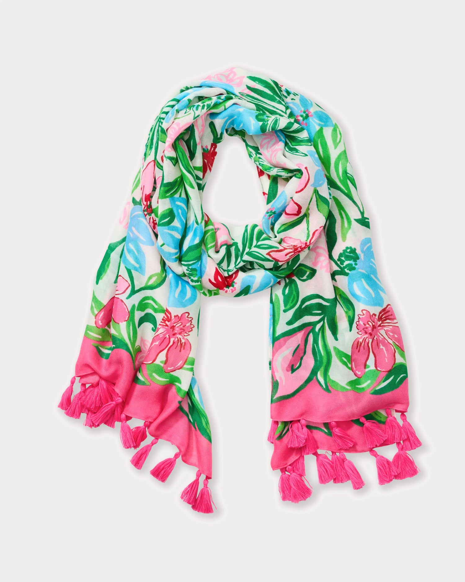 Colorful floral scarf with tassels on a white background