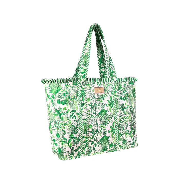 Lilly Pulitzer Reversible Quilted Ruffle Tote, Covent Garden green and white tropical botanical print tote bag with ruffled trim and long shoulder straps.