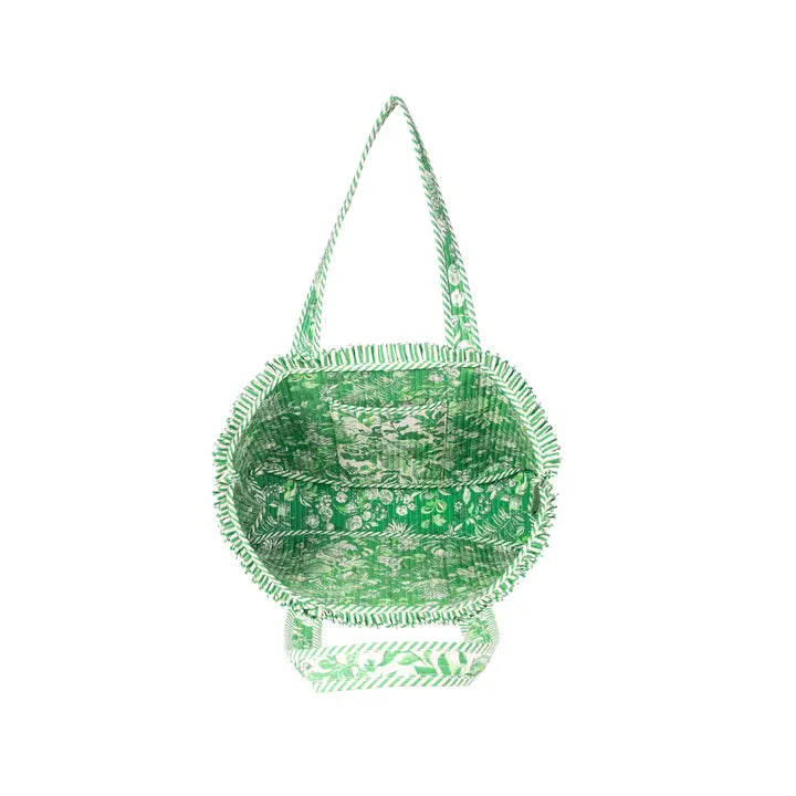 Lilly Pulitzer Reversible Quilted Ruffle Tote, Covent Garden green and white tropical botanical print tote bag with ruffled trim and long shoulder straps.