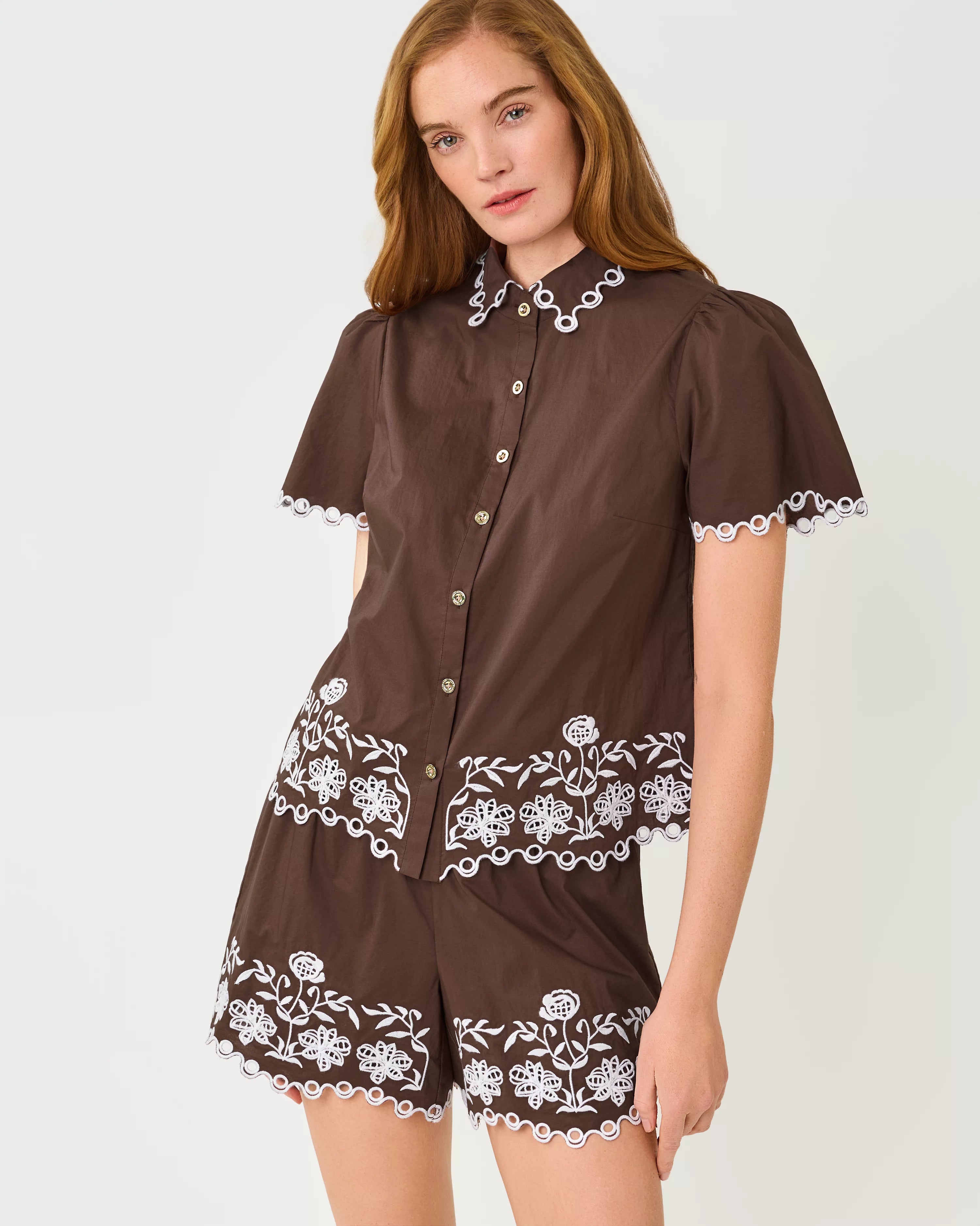 Lilly Pulitzer Rikki Short Sleeve Embroidered Top in Coco beach marni embroidered poplin brown short-sleeve button-front romper with white floral embroidery and scalloped trim.