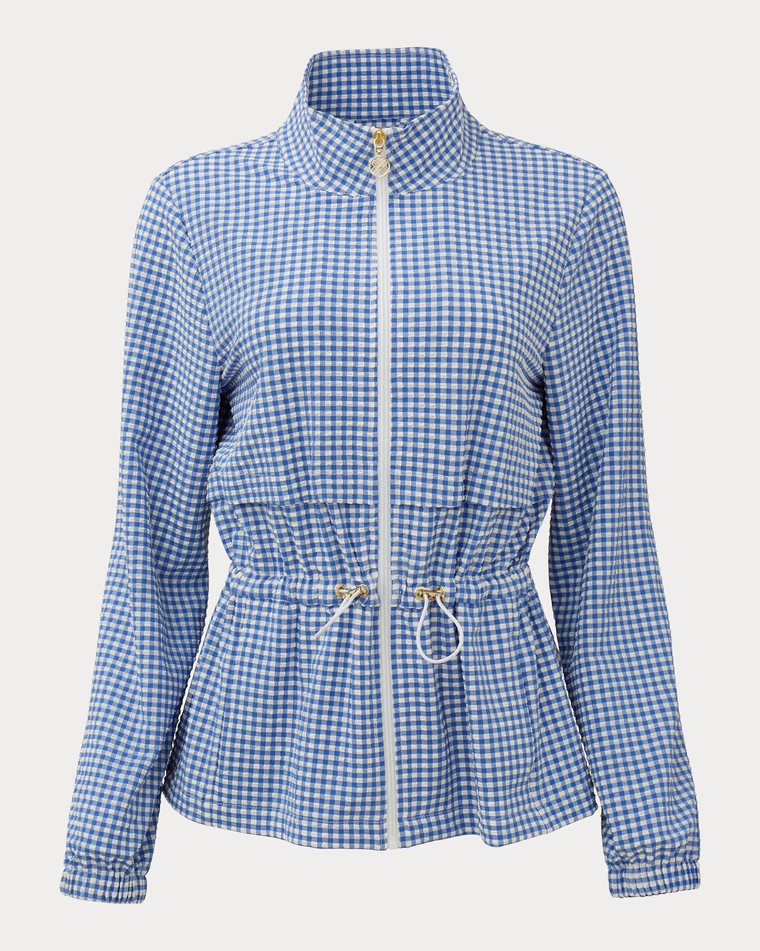 Blue and white checkered jacket with a zipper on a light gray background