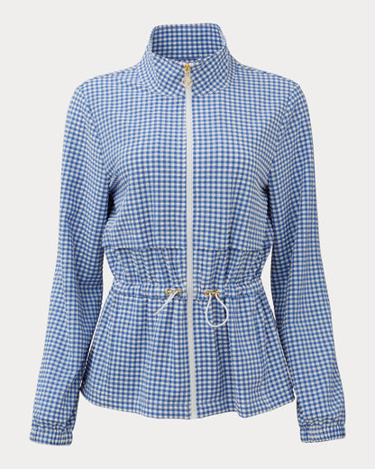 Blue and white checkered jacket with a zipper on a light gray background