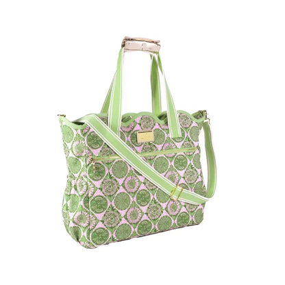Lilly Pulitzer Scallop Cooler Tote, Tropical Tiles a cooler tote bag with a green and pink floral pattern, featuring light green handles and a matching shoulder strap with white stripes