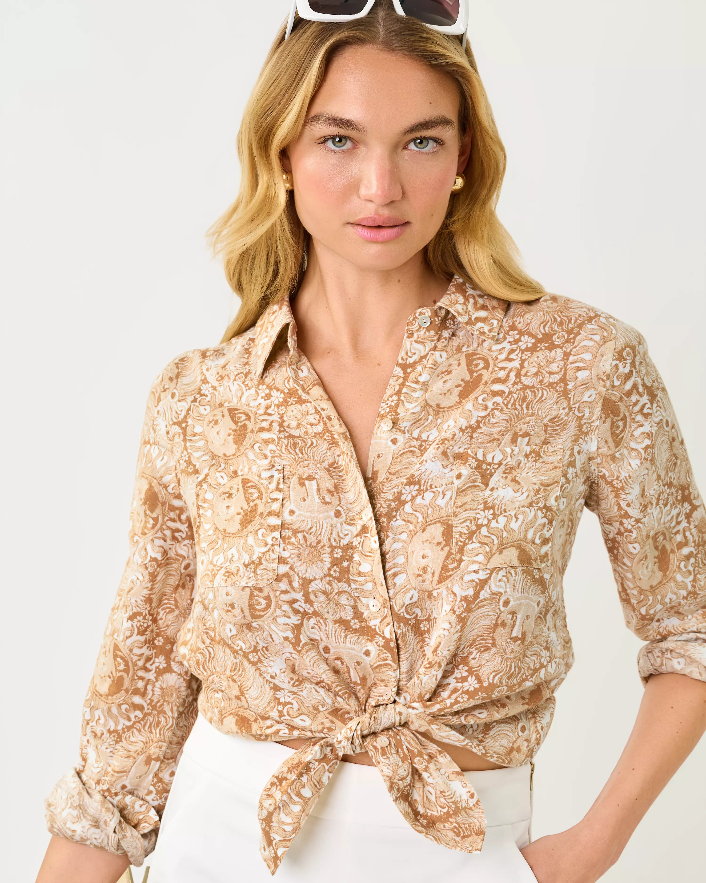Lilly Pulitzer Sea View Linen Button Down Shirt in Iced latte lil jims stuff a tan and beige floral print button-down shirt tied at the waist.