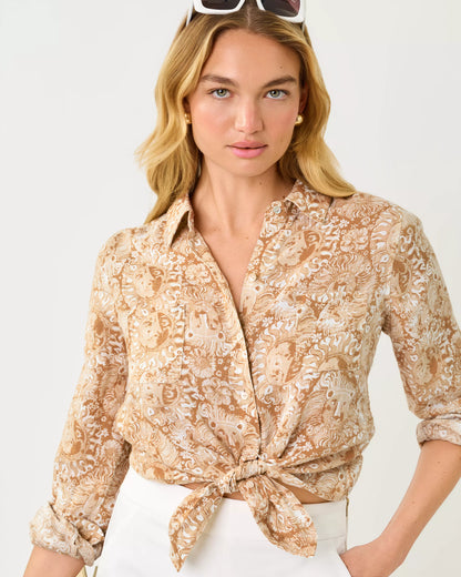 Lilly Pulitzer Sea View Linen Button Down Shirt in Iced latte lil jims stuff a tan and beige floral print button-down shirt tied at the waist.