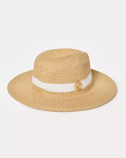 Lilly Pulitzer Shade Seeker Hat in resort white beige straw hat with a white band and gold emblem 
