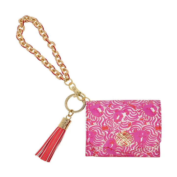 Lilly Pulitzer Snap Card Case, Strawberry Red Pride of Lilly pink patterned wallet or card holder with a gold-tone chain strap, tassel, and ring clasp