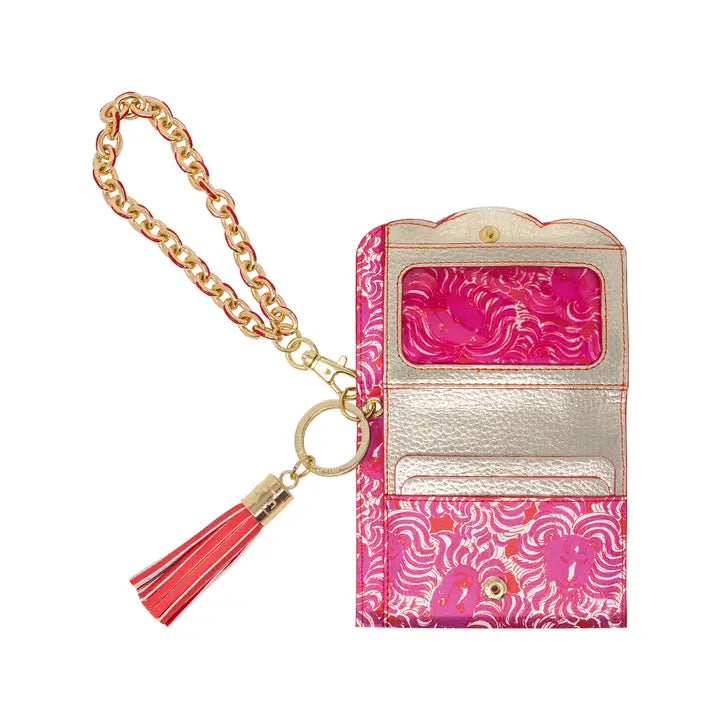 Lilly Pulitzer Snap Card Case, Strawberry Red Pride of Lilly pink patterned wallet or card holder with a gold-tone chain strap, tassel, and ring clasp