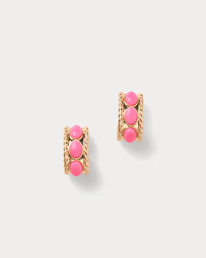Pair of Lilly Pulitzer Sunshine Grove Hoop Earring_cherry blossom pink-sf pink hoop earrings with gold accents on a light gray background