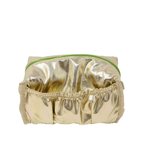 Gold metallic pouch with green zipper on a white background