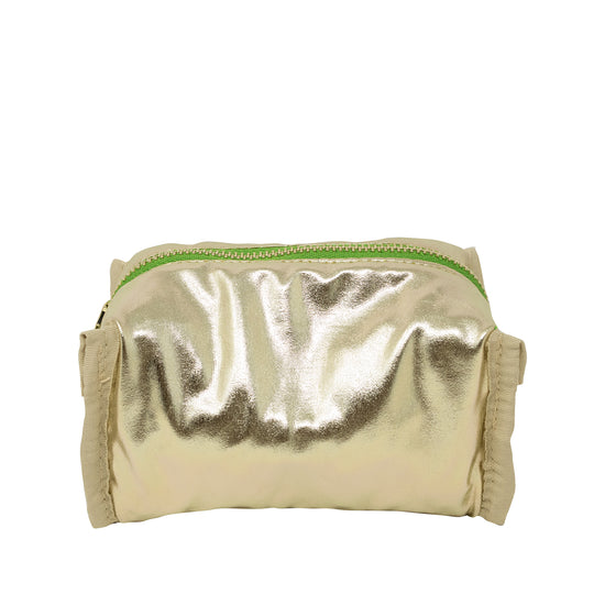 Gold metallic pouch with green zipper on a white background