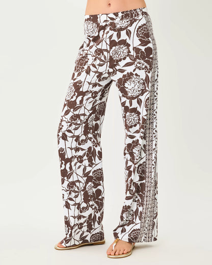 Lilly Pulitzer UPF 50+ 32" Demia High Rise Palazzo Pant in  Resort White Marni Engineered Chillylilly high-waisted, wide-leg pants with a brown and white floral print and a patterned side stripe