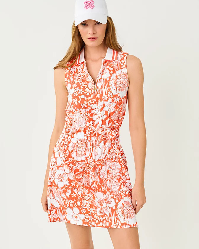 Lilly Pulitzer UPF 50+ Luxletic Love Active Sleeveless Dress in the color Sunset Orange Budding Romance