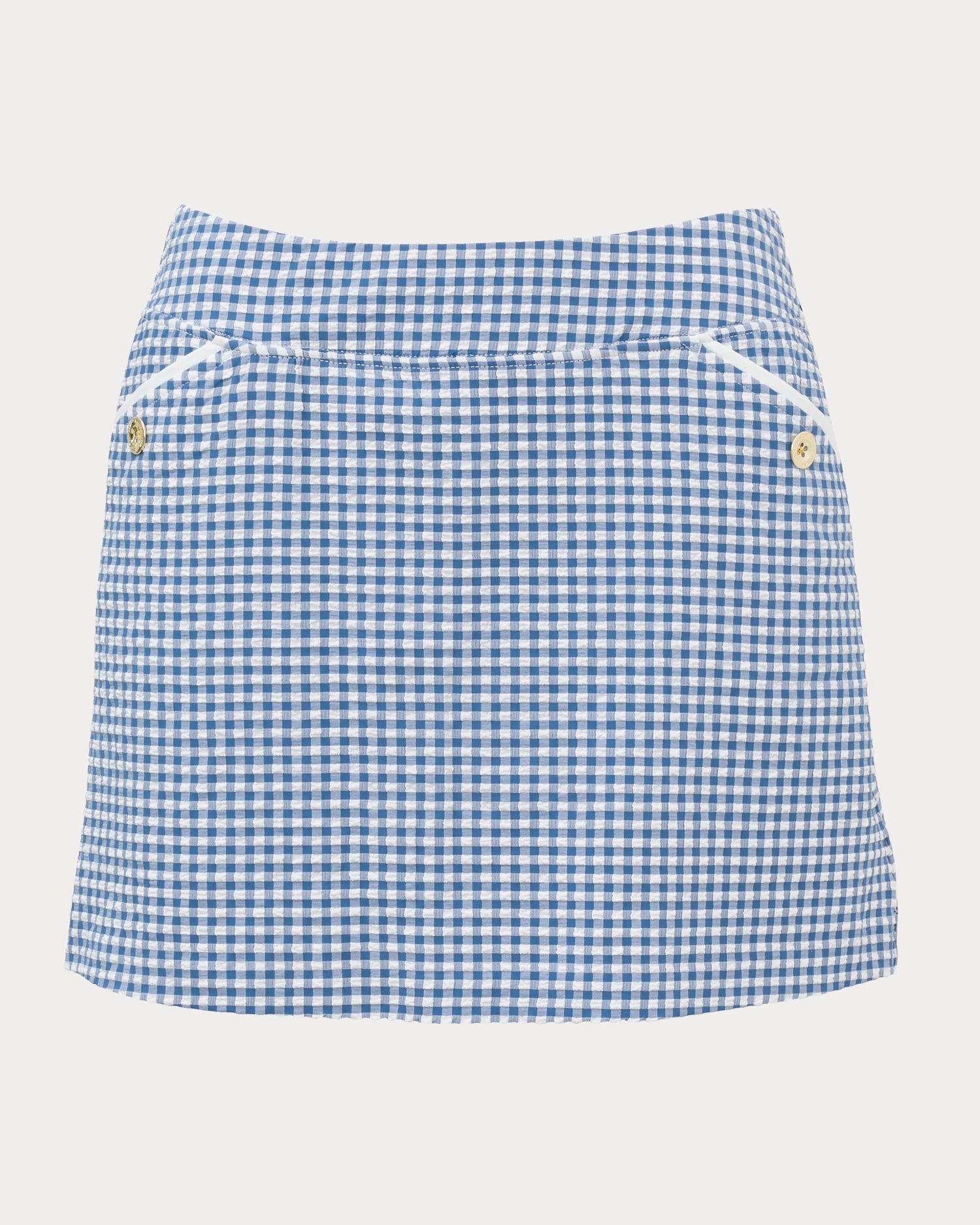 Blue and white checkered skirt on a light gray background