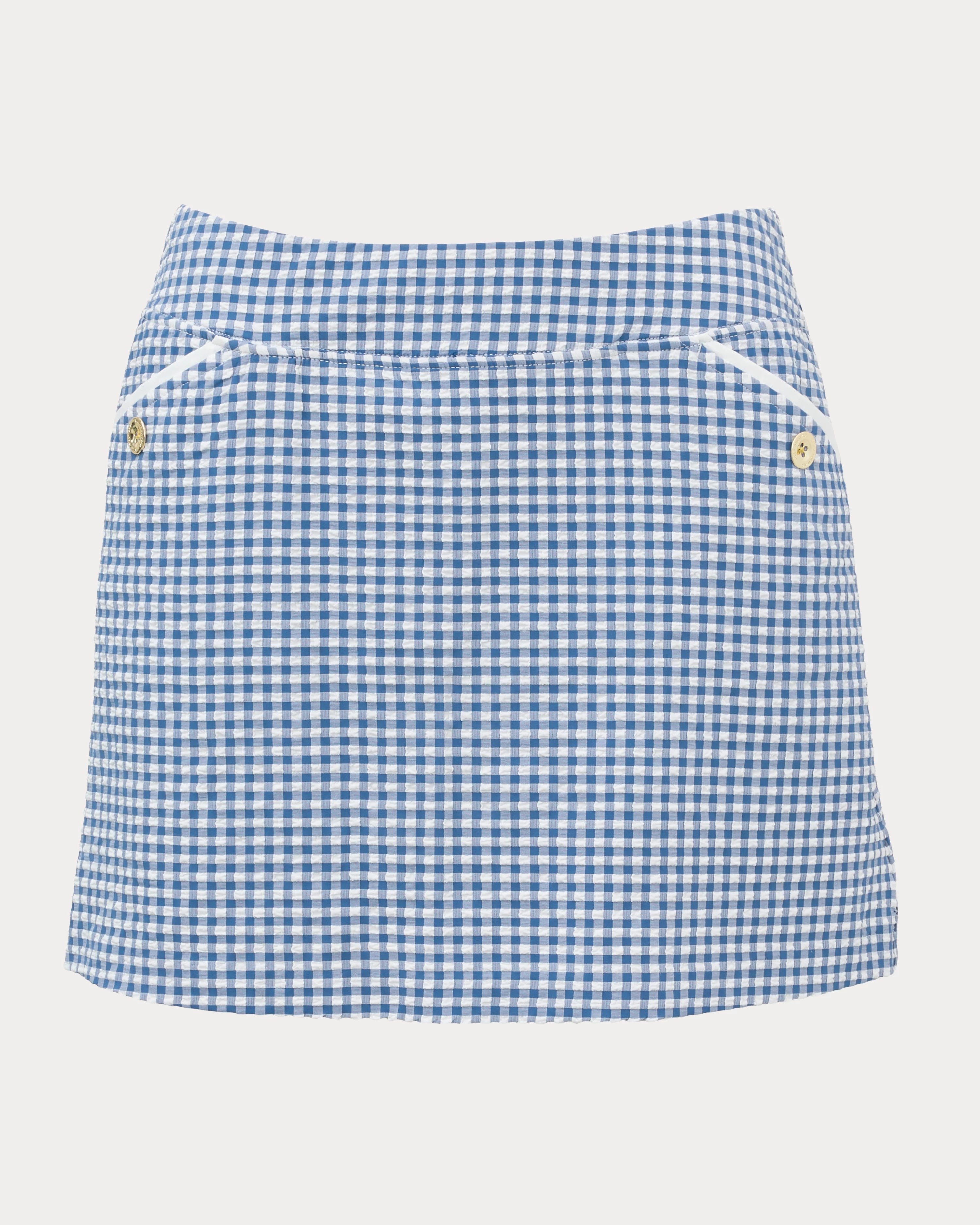 Blue and white checkered skirt on a light gray background