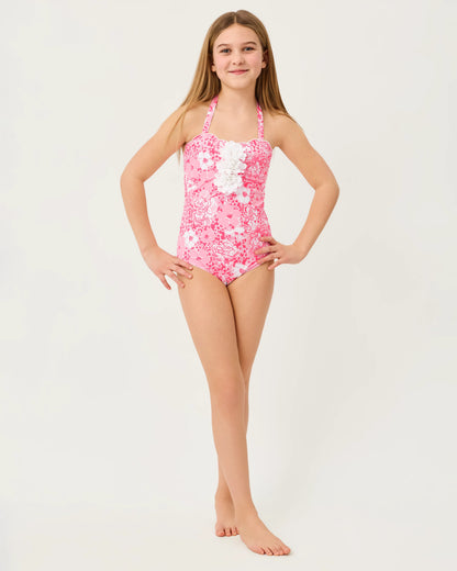 Young girl Lilly Pulitzer x Janie and Jack Girls Maddie Flower Swimsuit pink floral swimsuit 