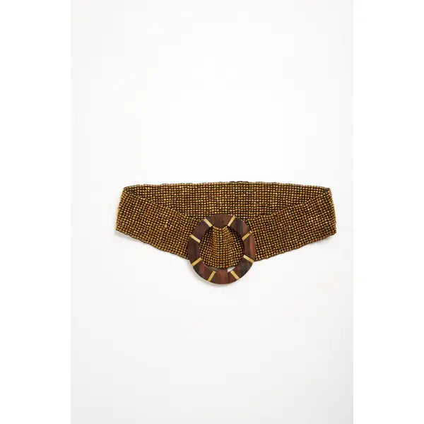 A wide waist belt made of tightly woven brown and gold threads, featuring a large oval buckle with a brown and gold striped pattern by Mare Sole Amore Gold Galaxy Slip On Stretch Belt
