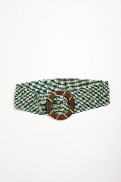 A wide waist belt made of tightly woven turquoise beads, featuring a large oval buckle with a brown and gold striped pattern by Mare Sole Amore Gold Galaxy Slip On Stretch Belt