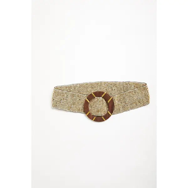 A woven belt with a textured beige and brown pattern and a large brown circular buckle by Mare Sole Amore beige Galaxy Slip On Stretch Belt
