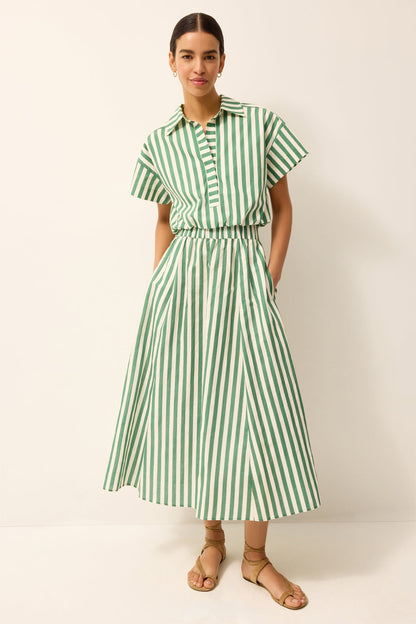 Women’s Marie Oliver SASHA SKIRT Green and White Striped Pull-On Midi Skirt
