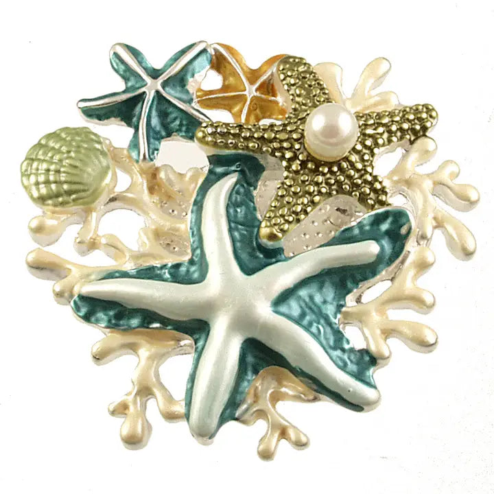 Origin Jewelry Starfish And Pearl Reef aqua decorative brooch with starfish, shell, and coral 