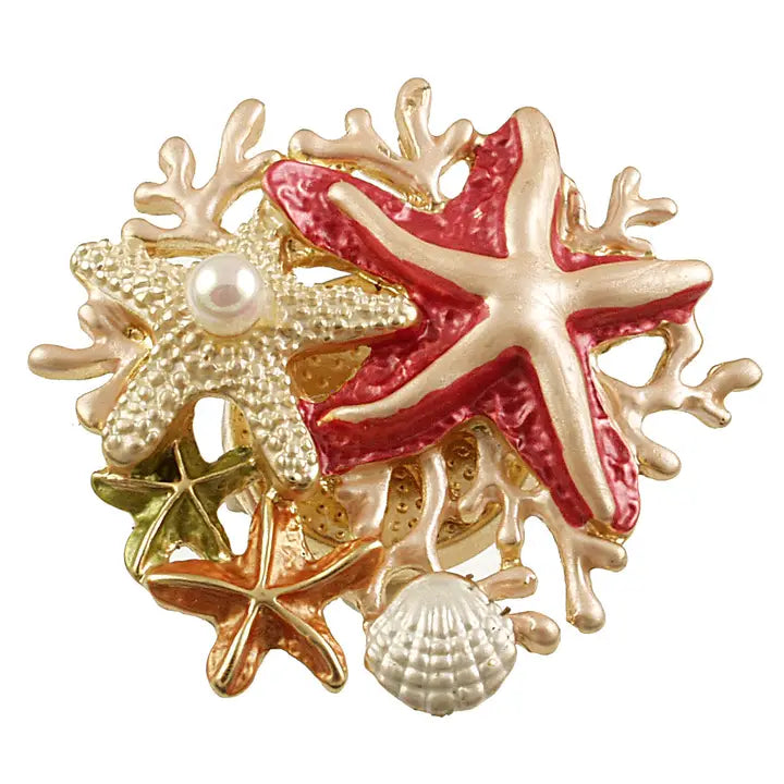 Origin Jewelry Starfish And Pearl Reef coral orange decorative brooch with starfish, shell, and pearl