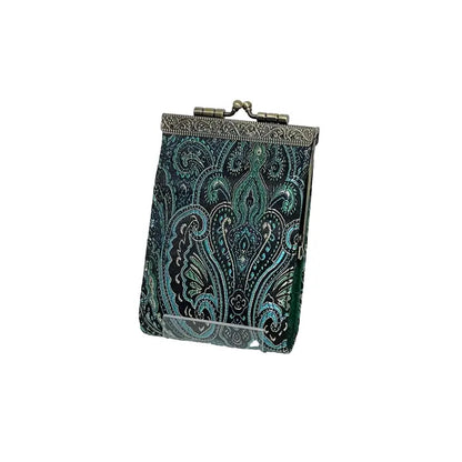 Vintage-style clutch with paisley pattern on a white background