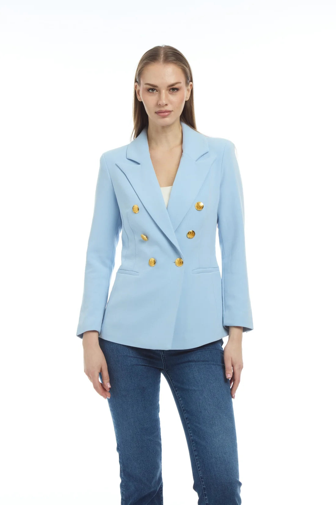 A woman modeling a light blue double-breasted blazer with gold buttons by Patty kim Bermuda Jacket IV light powder blue 