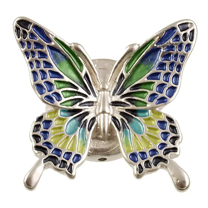 Butterfly-shaped Petite Magnetic Butterfly Brooch: Silver W/Blue-Green Wings with blue, green, and black wings 