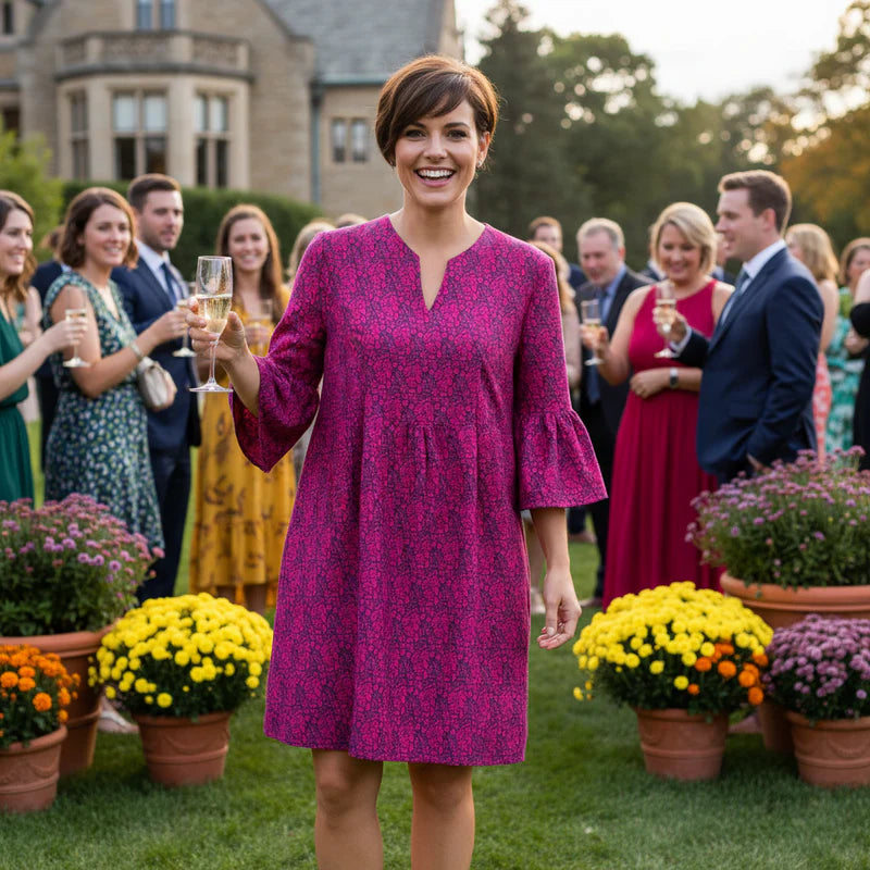 Katherine Way | Greenwich Tunic Dress in Ditsy Tossed Leaves Navy and Cranberry