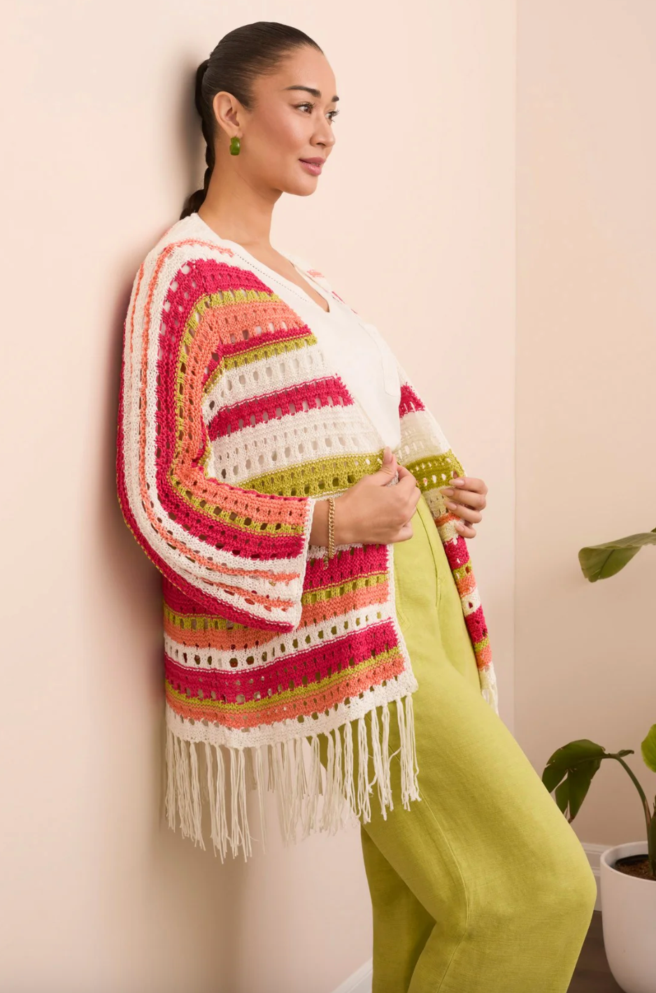 Tribal | 3/4 Slv Fringed Hem Open Stitc