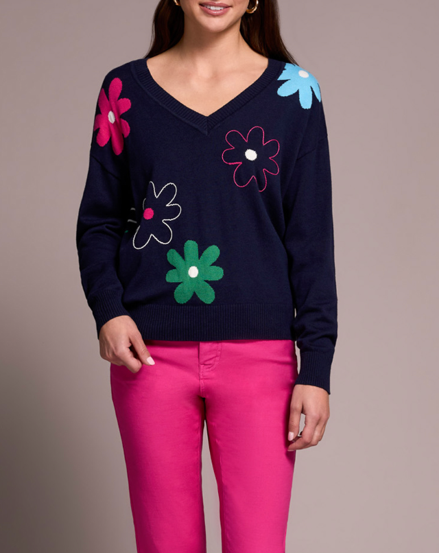 Tribal | V-neck Jacquard/embroidered sweater - Nightfall