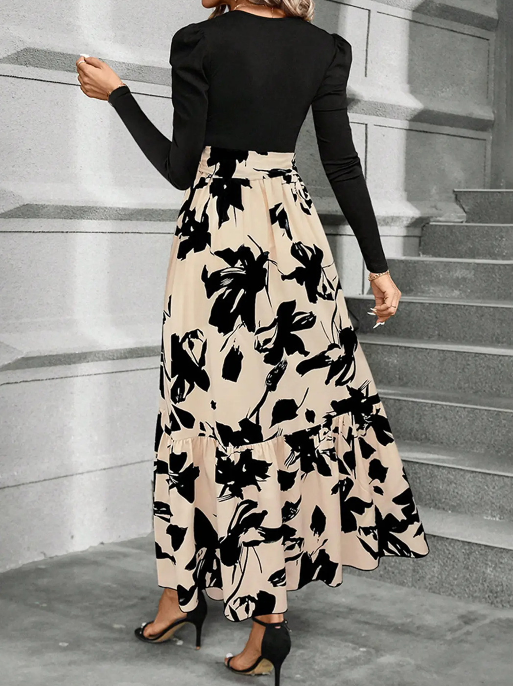 Cloister Collec | Printed Round Neck Long Sleeve Dress