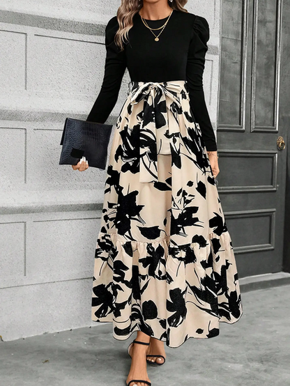 Cloister Collec | Printed Round Neck Long Sleeve Dress