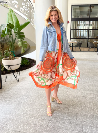 Orange Stirrup Print Denim Jacket