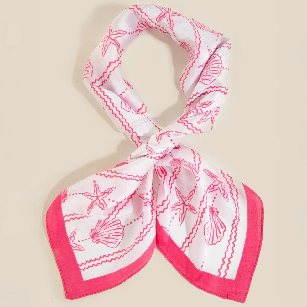 White Sealife Seashells and Starfish Bandana Scarf scarf with pink shell patterns