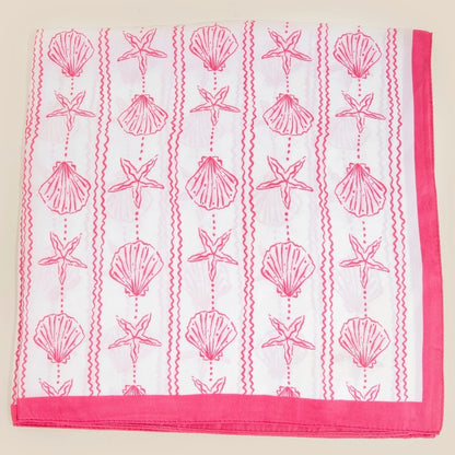 White Sealife Seashells and Starfish Bandana Scarf with pink shell patterns