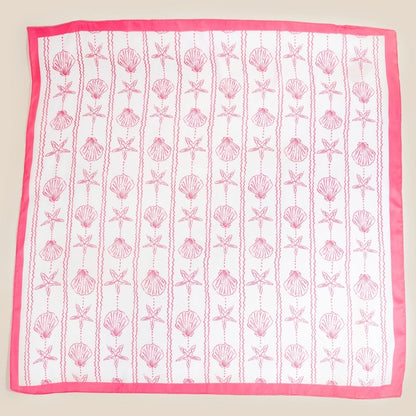 White Sealife Seashells and Starfish Bandana Scarf with pink shell patterns