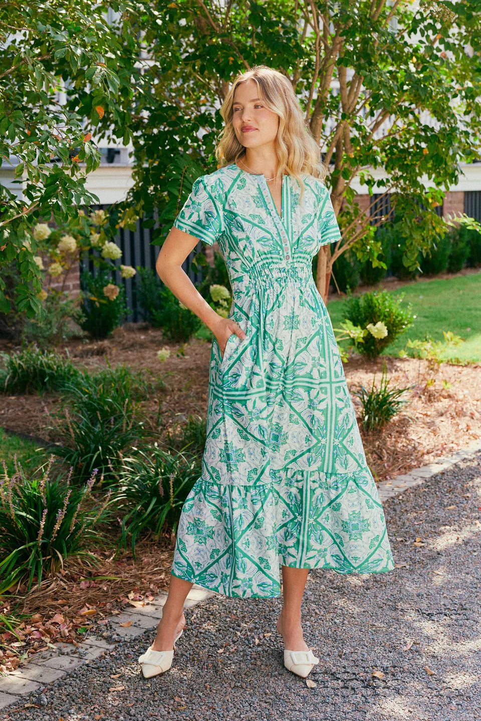 Sheridan French midi green and blue Eloise Dress