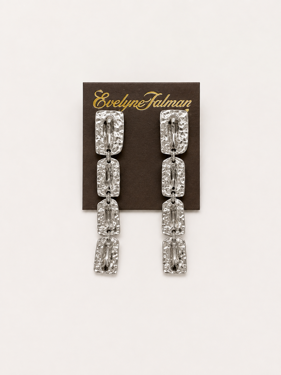 Silver Hammered Drop Clip-on Earrings pair of silver-tone drop earrings with rectangular clear crystal-like stones
