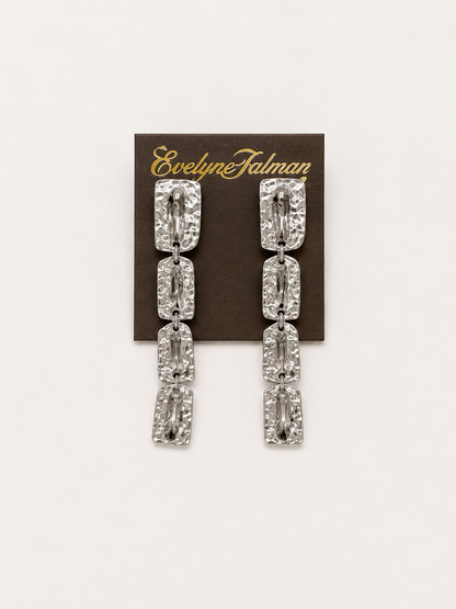 Silver Hammered Drop Clip-on Earrings pair of silver-tone drop earrings with rectangular clear crystal-like stones