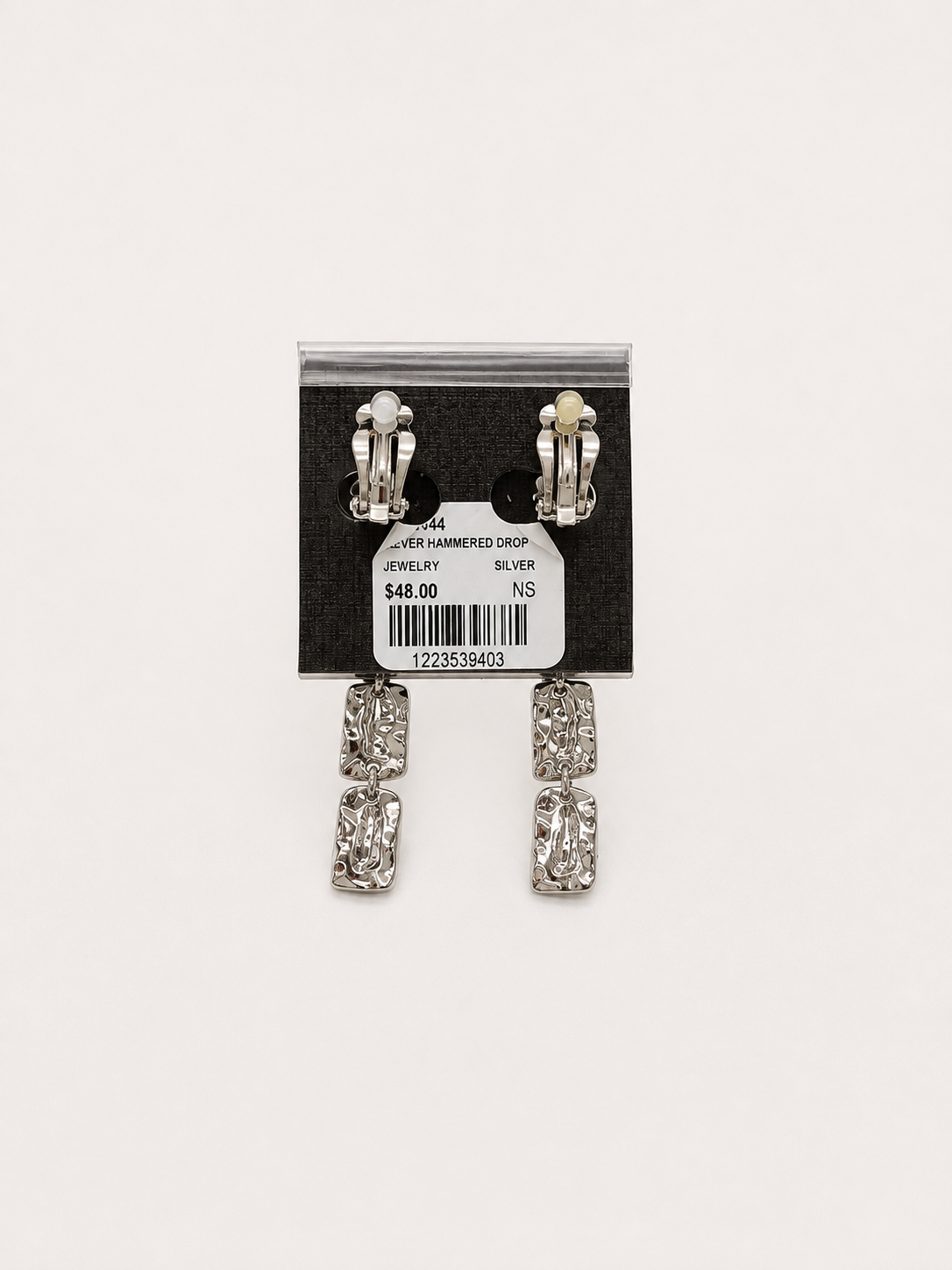 Silver Hammered Drop Clip-on Earrings pair of silver-tone drop earrings with rectangular clear crystal-like stones