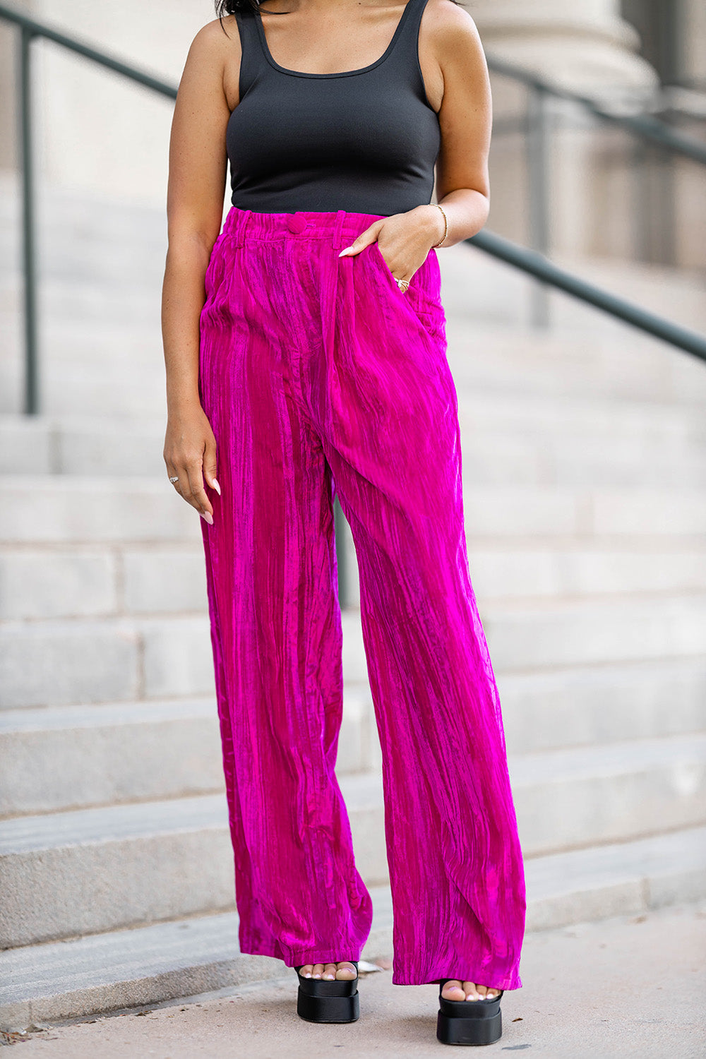 Sondra High-Waisted Velvet Pants - Fuchsia