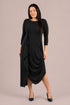 A woman modeling a black three-quarter sleeve midi dress with draped side detail and a high-low hem Sympli Drama Dress 3/4 Sleeves in Black