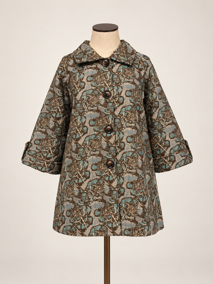 Taupe &amp; Teal Brocade Jacket a short-sleeved button-front coat with an intricate brown, beige, and gray paisley pattern.